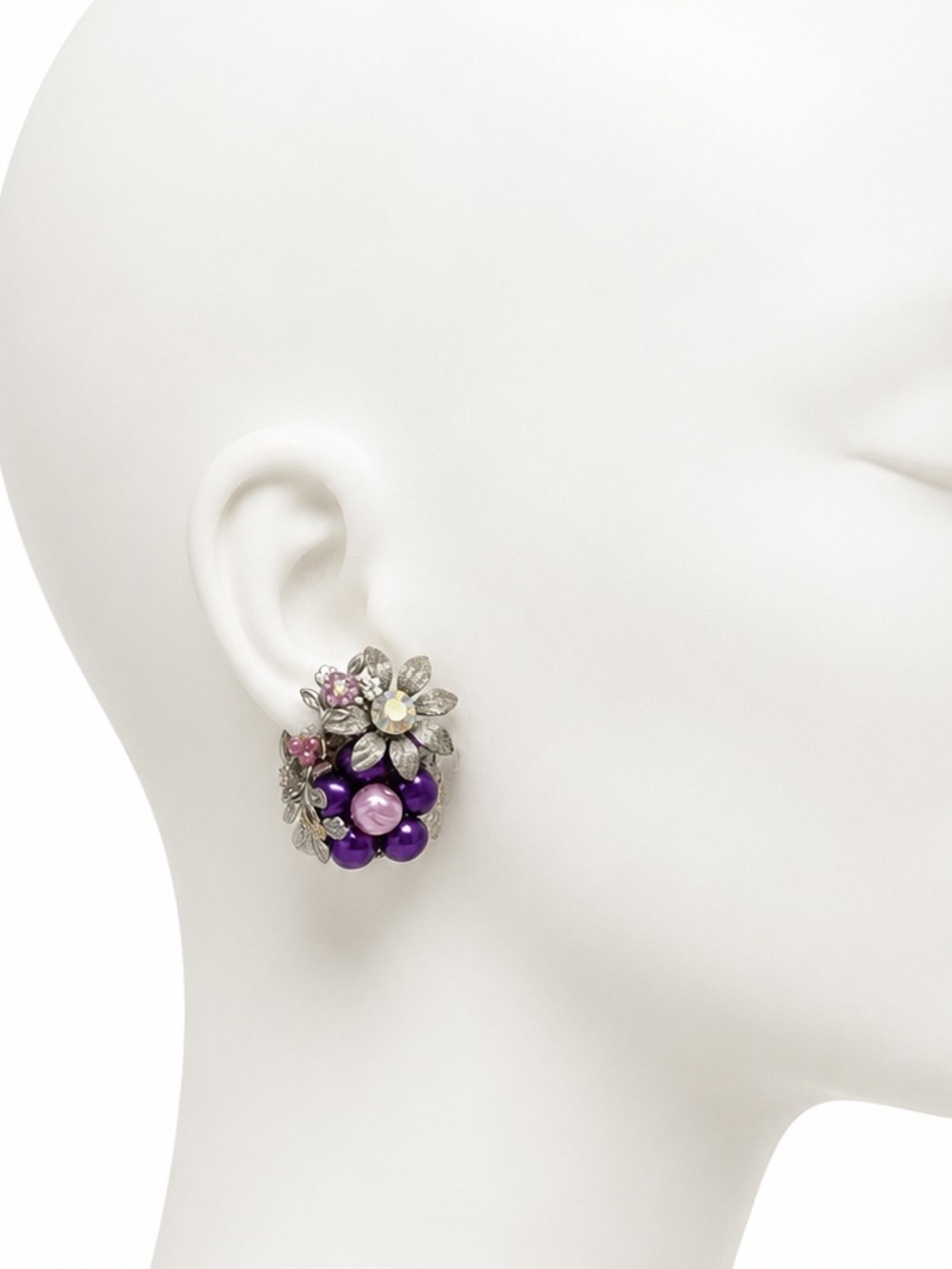 Vintage Purple Floral Cluster Clip On Earrings Rhinestone Flower Beaded